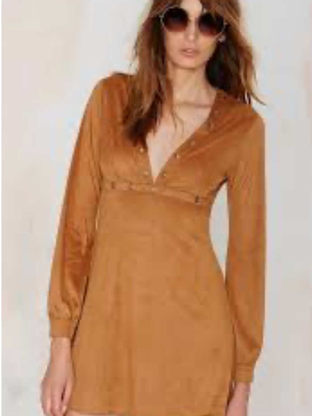 Women's Long-Sleeve V-Neck Brown Dress with Stud Accents